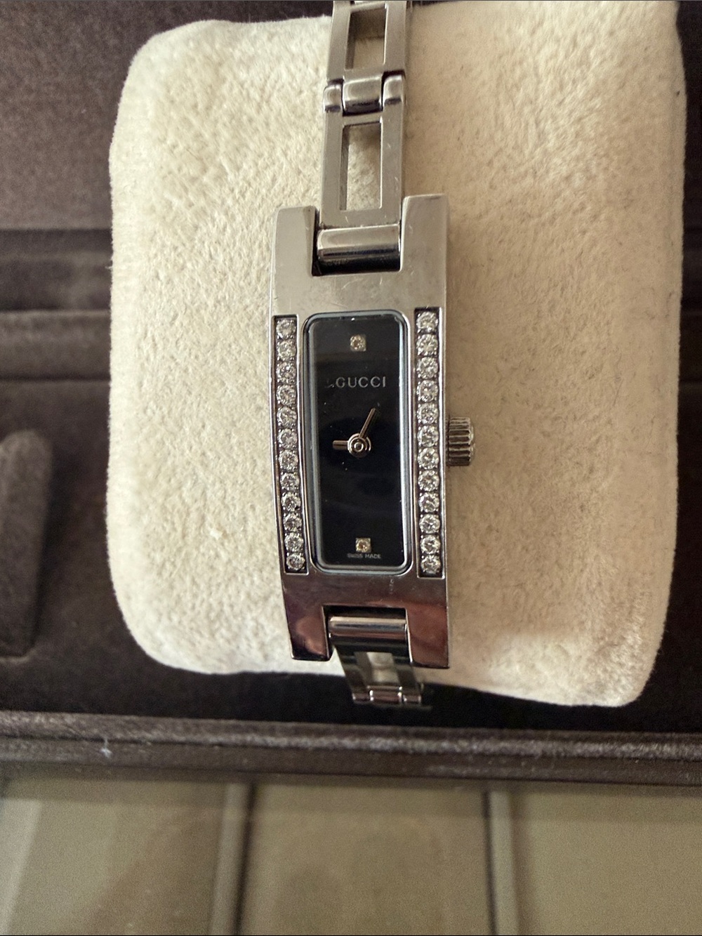 Gucci Silver Tone Bracelet Watch with Black Dial and Crystal Accents